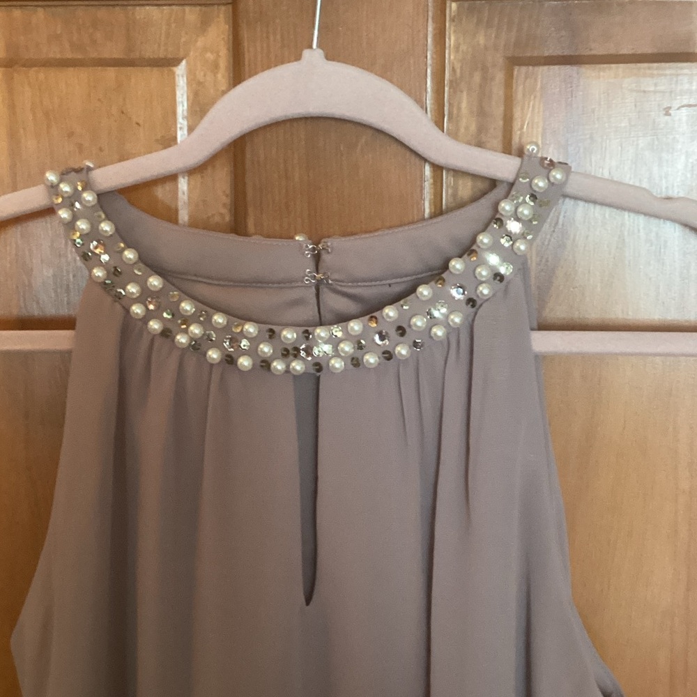 SLNY Taupe Mini Dress with Embellished Neckline - Picture 2 of 5